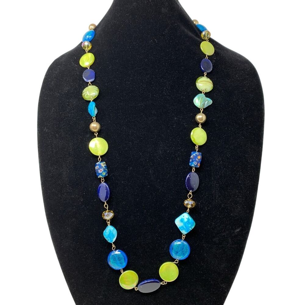 Handmade Artisan Beaded Necklace Multi Tone Blue Beads Citron Gold Tone Metal